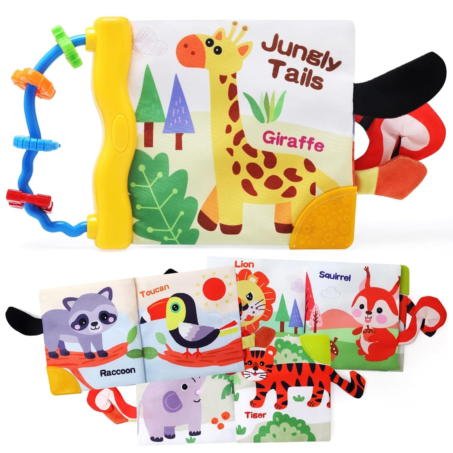 Sensory Soft Baby Book for Newborns High Contrast Crinkle Cloth Book for Infants with 3D Animal Tails Touch and Feel Early Learning Development Toy for 0 to 12 Months Baby Jungly