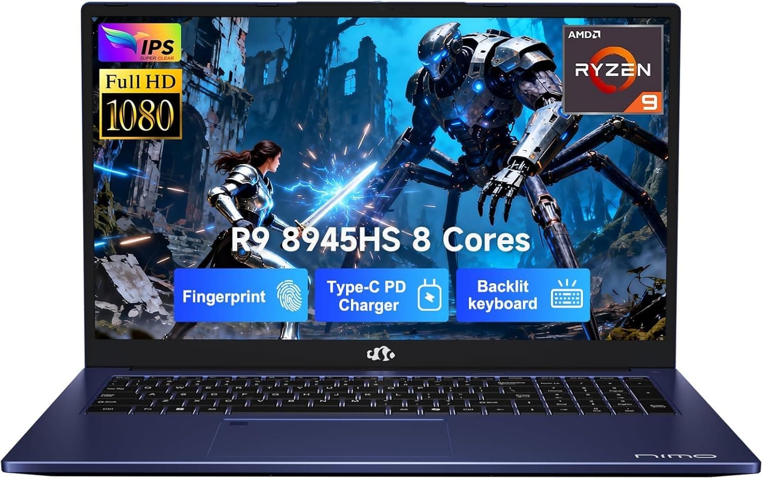 NIMO 17.3 Gaming-Laptop Ryzen 9 8945HS (Beat i9-13900H, Up to 5.2GHz) 16GB RAM, 512GB SSD, Radeon 780M, PD 100W Type-C AI-Enhanced for Copilot VR Ready, Backlit Keyboard, Fingerprint, 180°Viewing