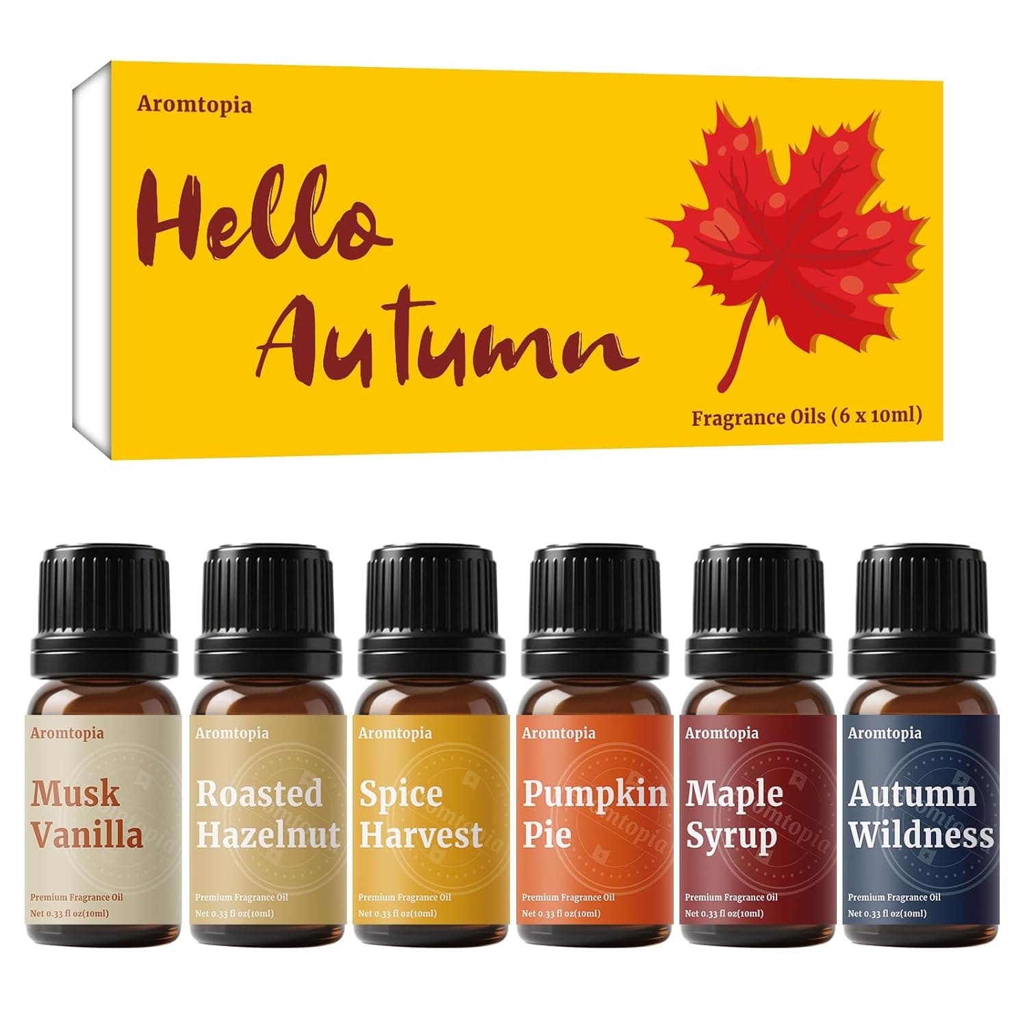 Diffuser Fragrance Oils, Aromtopia Essential Oils for Diffusers for Home, 6x10ml Autumn Set, Fall Scents for Candle Soap Making, Dryer Ball, Pumpkin Pie, Musk Vanilla, Spice Harvest, Autumn Wildness