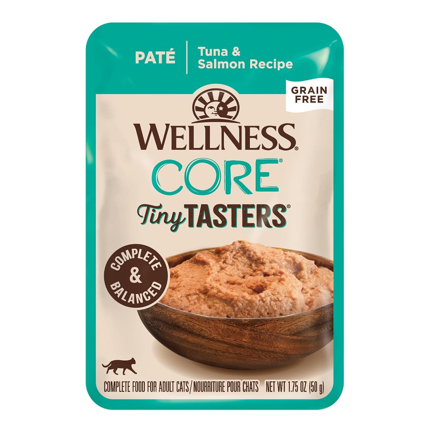 Wellness CORE Tiny Tasters Wet Cat Food, Complete & Balanced Natural Pet Food, Made with Real Meat, 1.75-Ounce Pouch, 12 Pack (Adult Cat, Tuna & Salmon Pate)