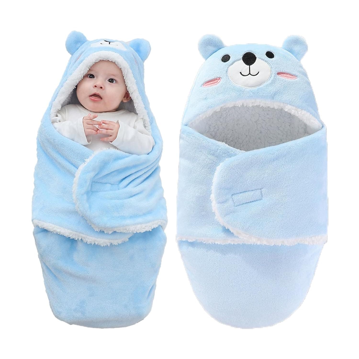 ELECDON Baby Swaddle - Cute Bear Hooded Fleece Swaddle Blanket, Newborn Receiving Blanket, Soft Plush Sleeping Bag Sack Stroller Wrap, 0-6 Months (Blue)