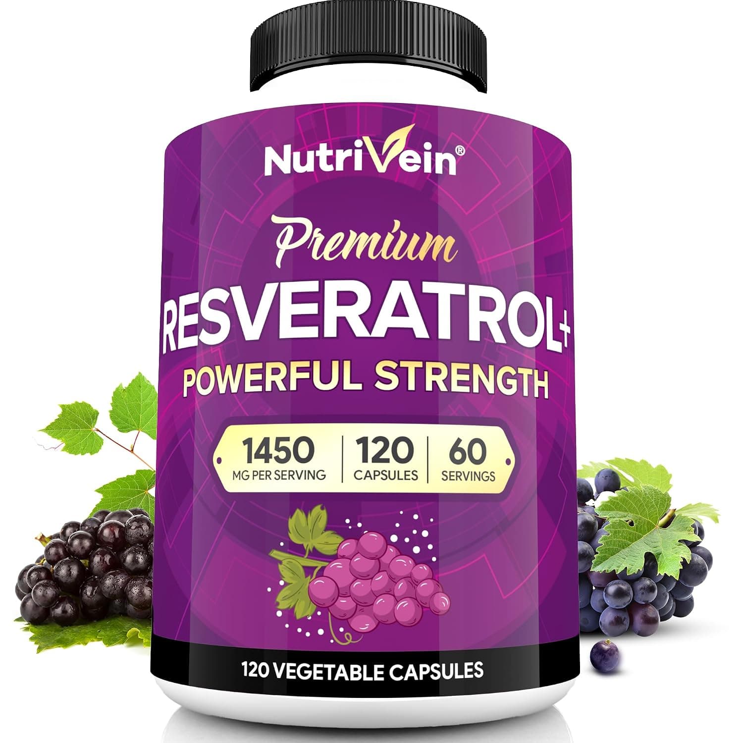 Nutrivein Resveratrol 1450mg - Antioxidant Supplement 120 Capsules – Supports Healthy Aging & Promotes Immune, Brain Boost & Joint Support - Made with Trans-Resveratrol, Green Tea Leaf, Acai Berry
