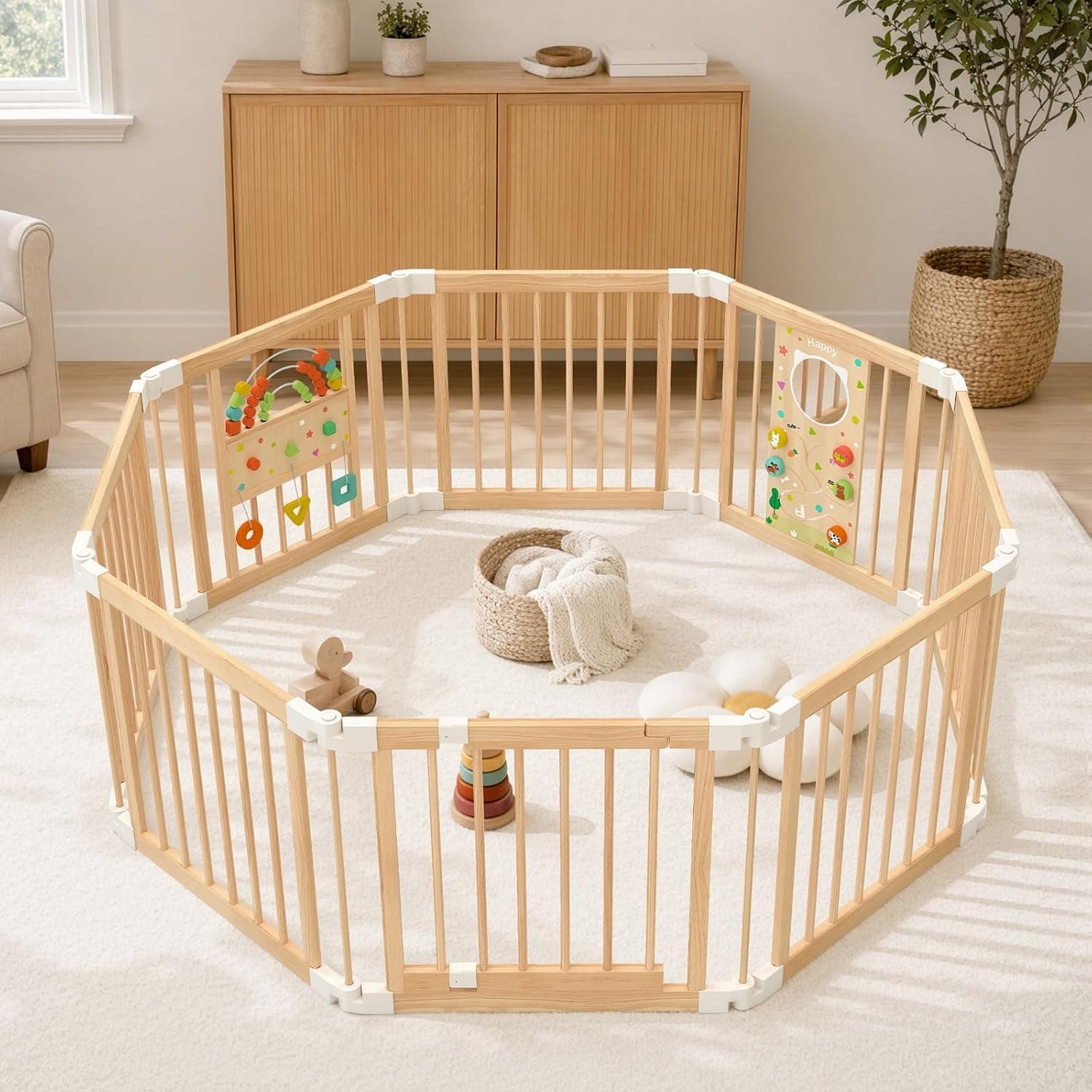 8-Panel Foldable Wooden Baby Playpen