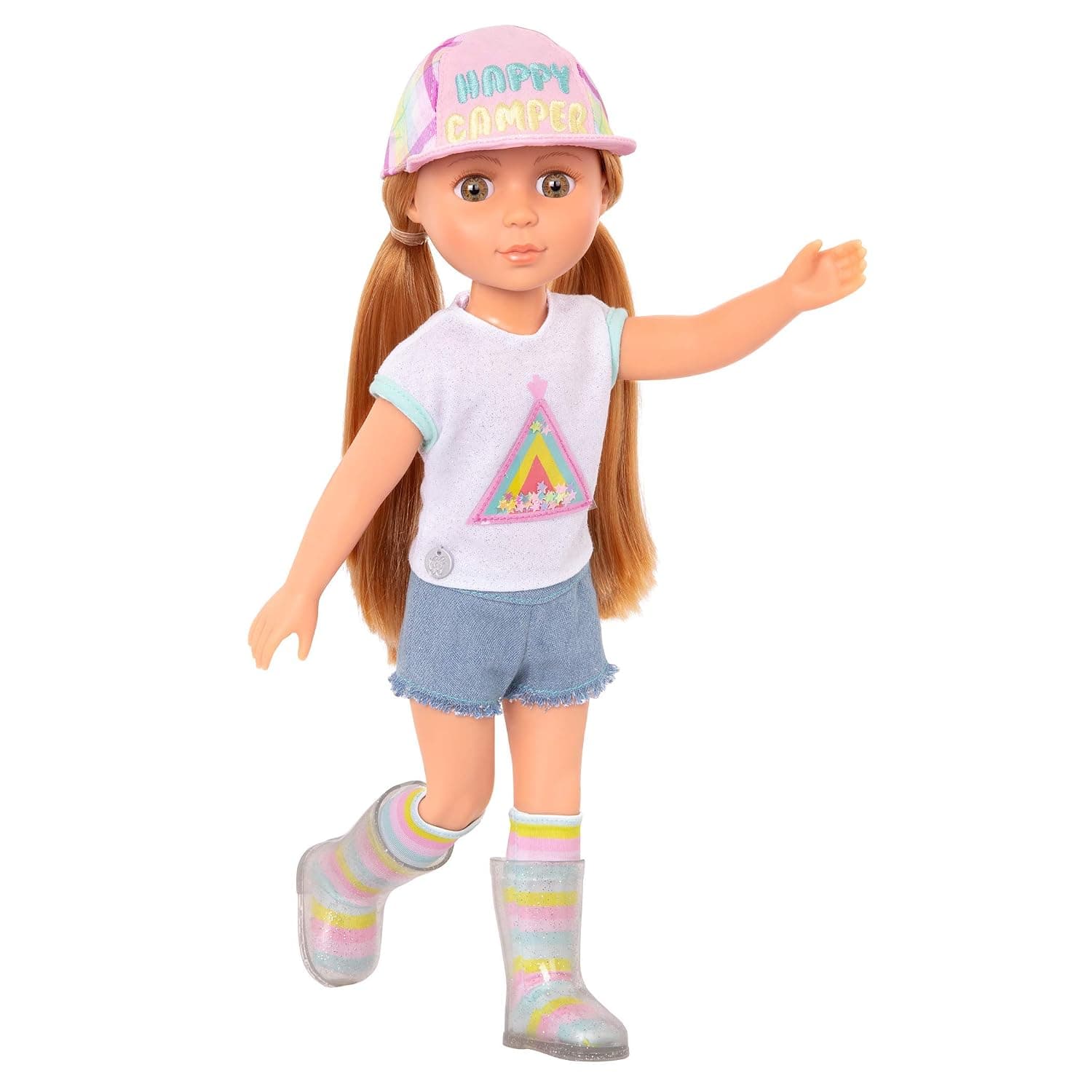 Glitter Girls – Astrid 14-inch Poseable Doll – Red Hair & Hazel Eyes — Camping Outfit, Matching Cap, and Glitter Boots –Toys, Clothes, and Accessories for Kids Ages 3+ | Light red hair, hazel eyes, matching cap, rainbow socks, glitter boots, easy-open outfit closures, compatible, 14, 3+ Years