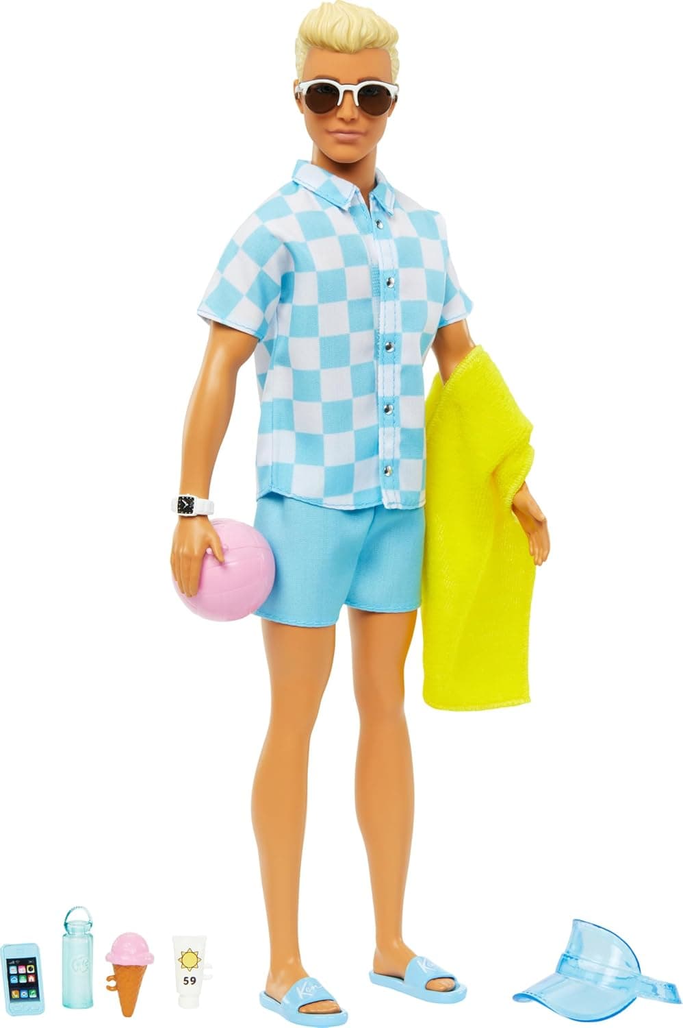Blonde Ken® Doll with Swim Trunks and Beach-Themed Accessories | Fashion Doll With Blue Button Down and Trunks Fashion, Includings Visor, Towel, and Other Accessories, Ages 3+, HPL74
