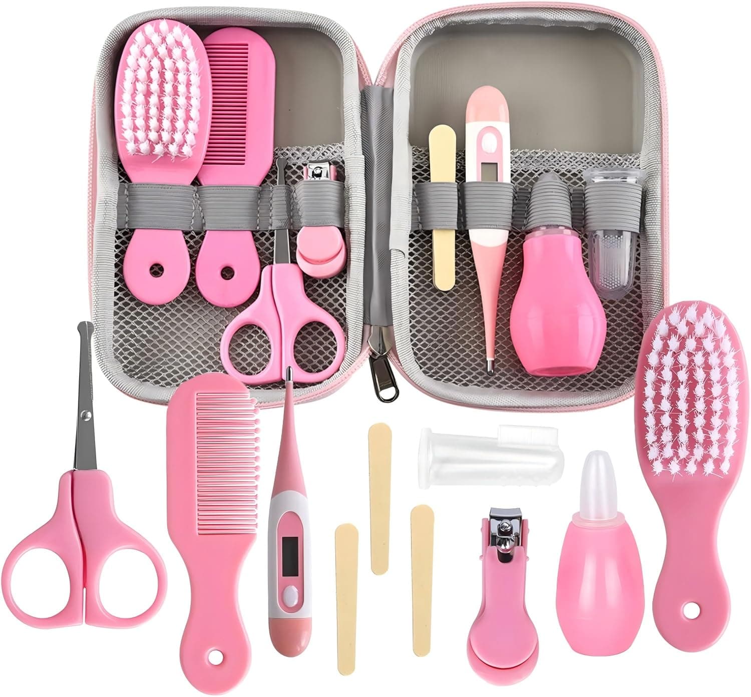 Baby Beauty Set, 8-in-1 Baby Hair Brush,Baby Grooming Kit, Baby Care Items, Baby Care Essentials Set, Baby Supplies Set,Nail Clipper,Hose Cleaner, for Baby Body Care Beauty Kit (pink)