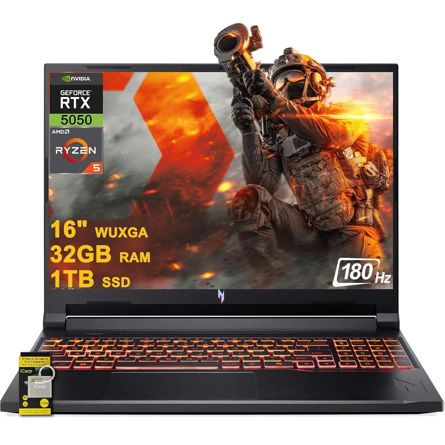 acer Nitro V 16 AI Gaming Laptop 16" WUXGA IPS 180Hz AMD Zen 4 Hexa-core Ryzen 5 240 32GB RAM 1TB SSD GeForce RTX 5050 (Up to 421 AI Tops) Backlit Win11 w/ICP Hub