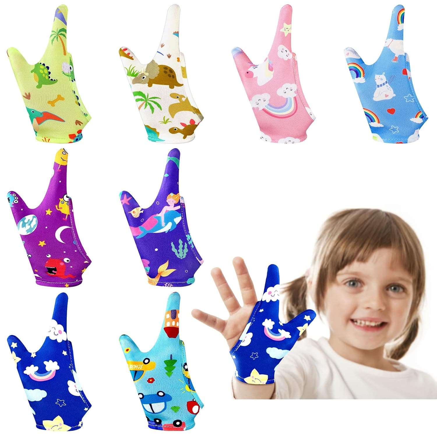 Janmercy 16 Pcs Thumb Sucking Gloves Kids Thumb Guard 2 Finger,3-6 Years | Breathable Thumb Guard for Nail Biting, 8 Cute Cartoon Styles, Comfy Finger Stopper, Gentle Habit Correction Aid