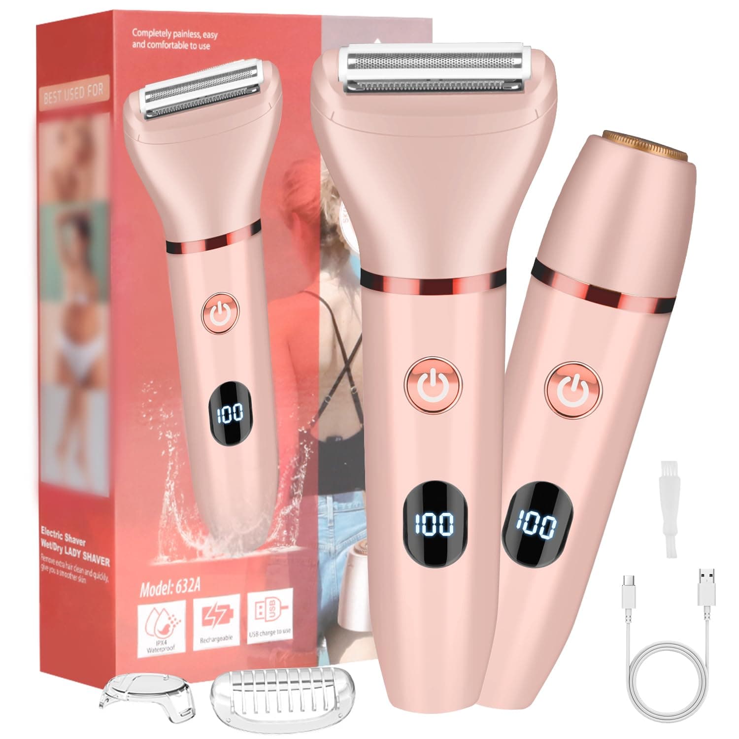 Necomi Electric Razor for Women, 2-in-1 Women Electric Shaver Hair Remover for Face, Legs and Underarm, Portable Waterproof Bikini Trimmer Wet and Dry Cordless Lady Hair Removal USB Recharge (Pink)
