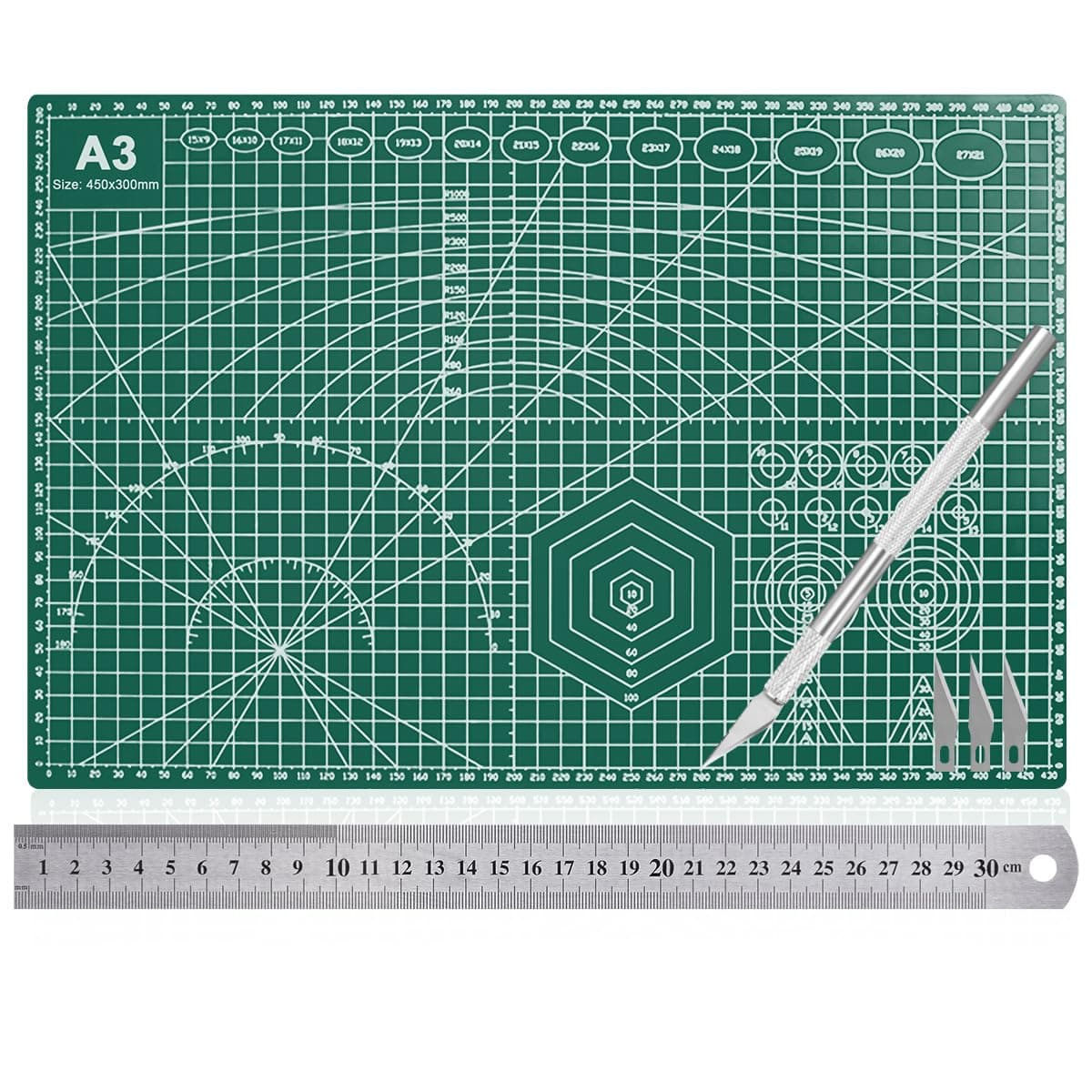 A3 Cutting Mat Double Sided Self Healing Cutting Board with Straightedge & Cutting Knife, PVC Non Slip Sewing Mat 5-Ply Table Rotary Measure Cutting Mat, Engraving Crafts Fabric Sewing Quilting