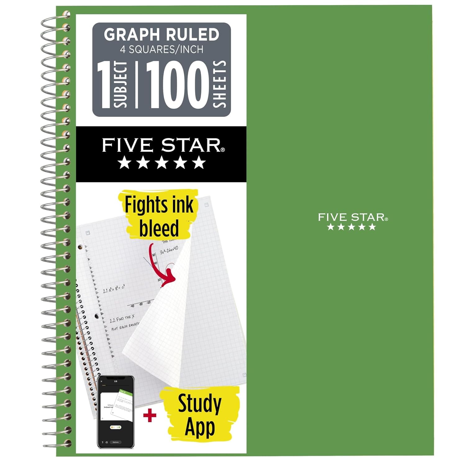 Five Star Spiral Notebook + Study App, 1 Subject, Graph Ruled Paper, Fights Ink Bleed, Water Resistant Cover, 8-1/2" x 11", 100 Sheets, Seaglass Green (620000CH1)