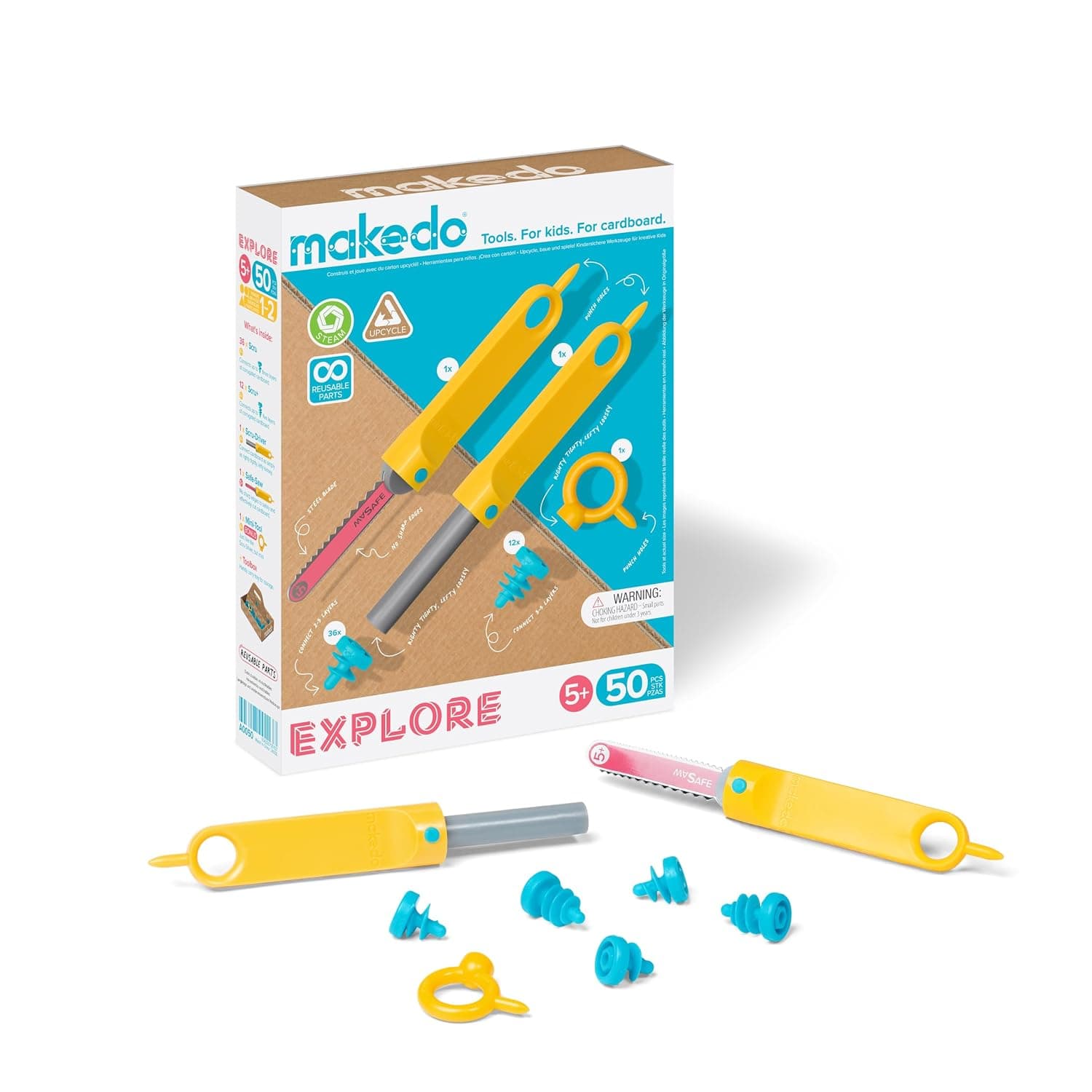 Makedo Explore Toolbox | Cardboard Construction Tools for Kids Age 5+ | 50 Piece Toolkit in Small Sized Toolbox | Versatile Cars to Castles Building Kit | Perfect for at Home Creative Play