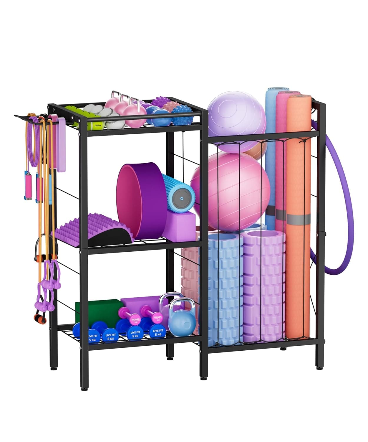 Sports Equipment Organizer, Ball Storage Rack Holder with Elastic Straps for Garage Ball Organizer, Yoga Mat Organizer with Hooks and Basket for Golf, Football, Soccer Ball, Basketball, Bat