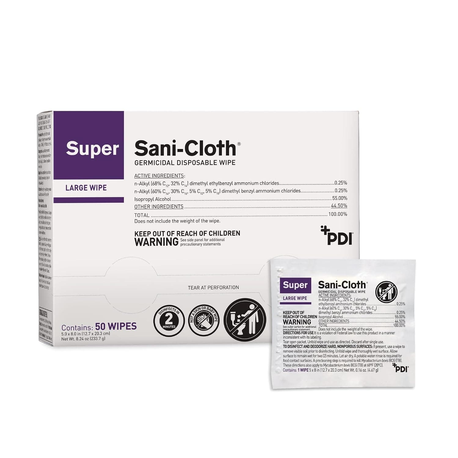 PDI Healthcare H04082 Super Sani-Cloth Germicidal Disposable Wipe, 5" Width, 8" Length (Pack of 50)
