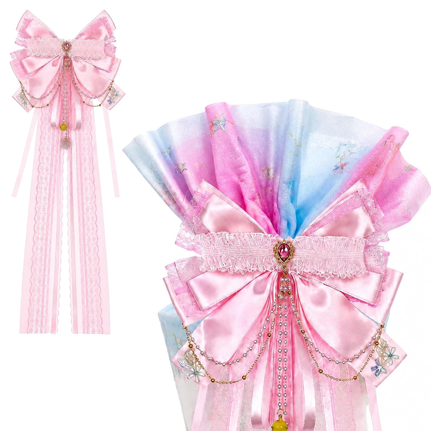 Pink School Cone Bow, Large Handmade Satin Ribbon Sugar Bags Bow, 60 x 20 cm Bow School Cone Butterfly for Decorating, Crafts, Gift Wrapping, Decorating