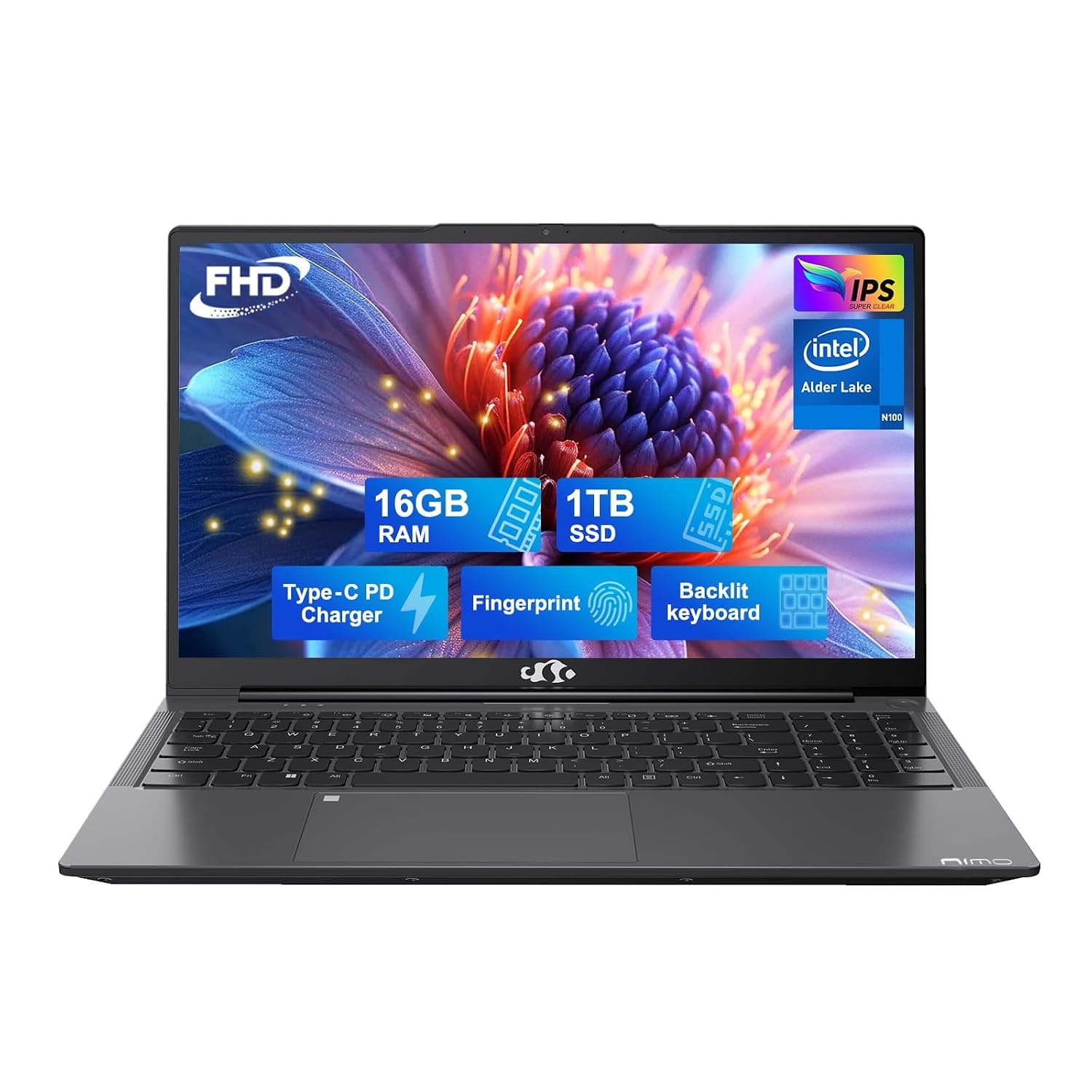 NIMO 15.6 IPS FHD-Laptop, 16GB RAM 1TB SSD Pentium Quad Core N100, Computer with Backlit Keyboard Fingerprint (Beat to i3-1115G4 Up to 3.4GHz) Laptops for Student, Win 11 Gray
