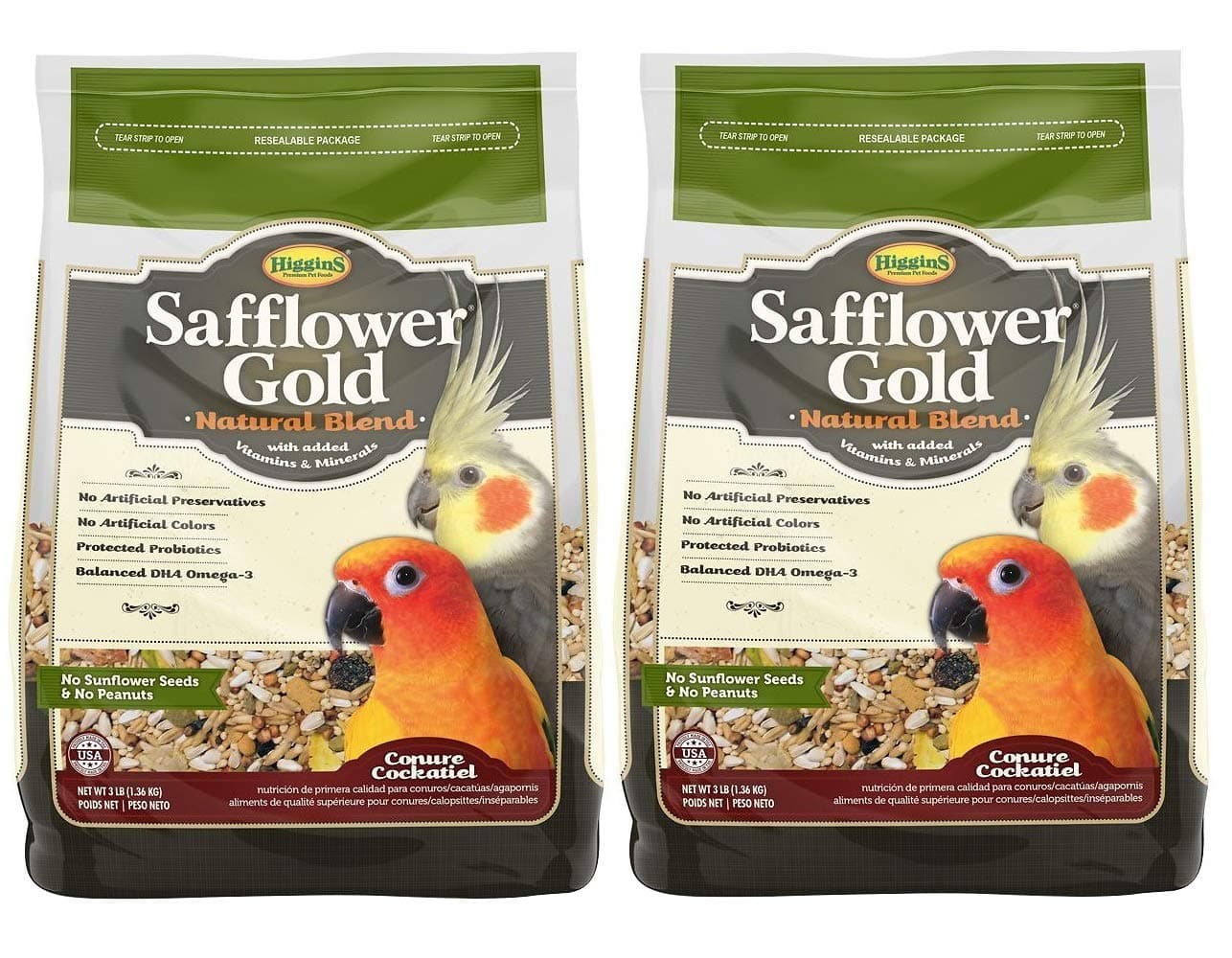 Higgins 2 Pack of Safflower Gold Natural Blend Conure and Cockatiel Food, 3 Pounds Each