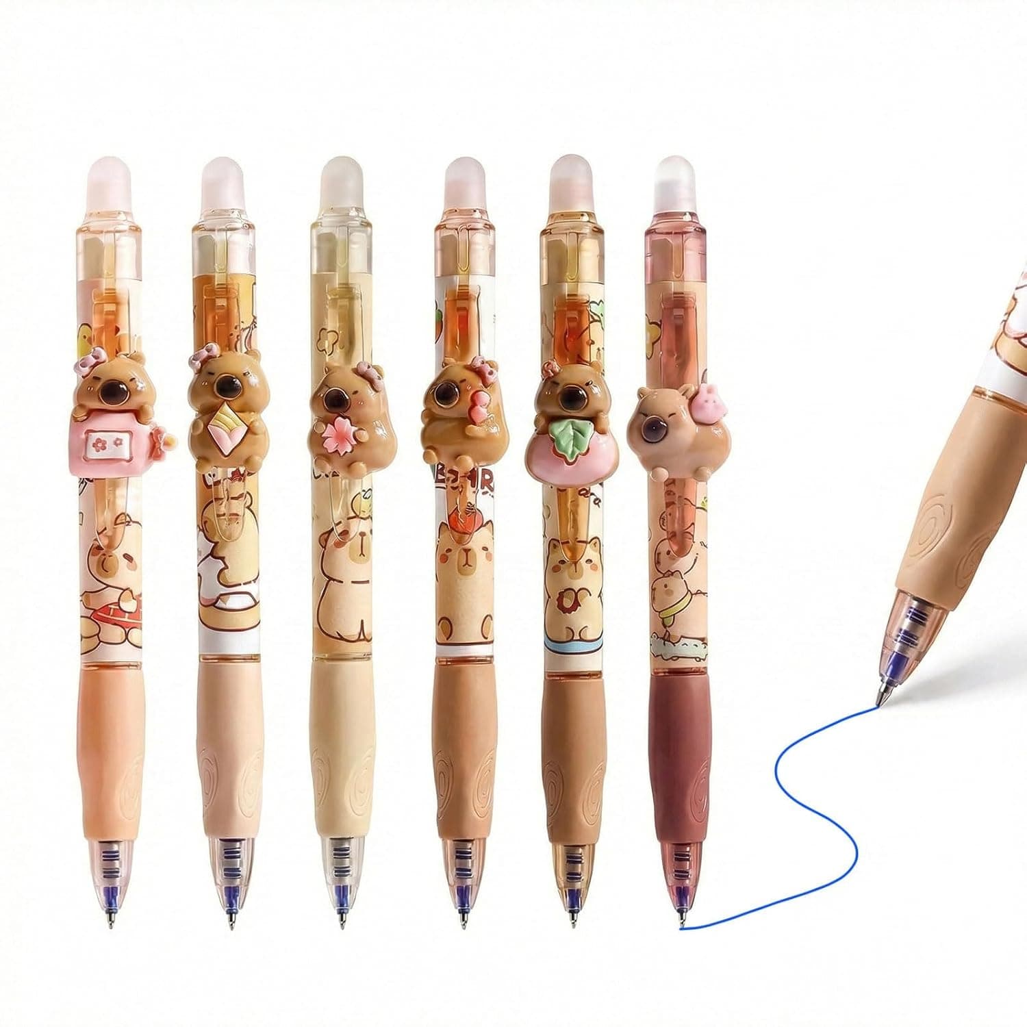 6 Pack Erasable Ballpoint Pens 0.5mm Blue Ink, Capybara Erasable Pens with Smooth Writing, Cute Capybara School Supplies for Students and Office