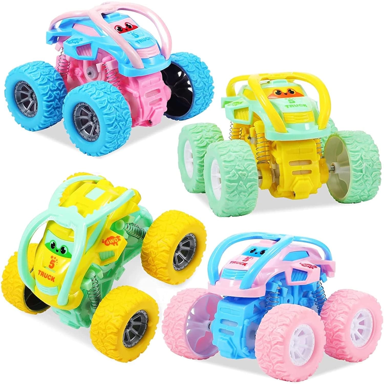 4 Pcs Push and Go Double Directions Vehicles, for Toddlers Gifts, Cute Double Sided Pull Back 360 deg Rotating Stunt Cars, Friction Powered Pull Go Trucks Toddler Toy for Moster Truck