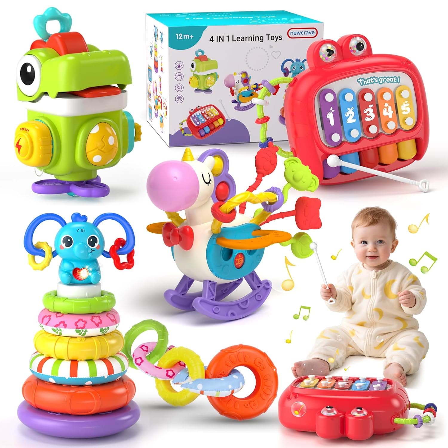 newcrave 4in1 Baby Sensory Toys for 12 18 Month Birthday | Montessori Toys for 1 + Year old Sensory Busy Cube Stacking Rings Sorting Learning Color Infant Piano Xylophone Toddlers Toys