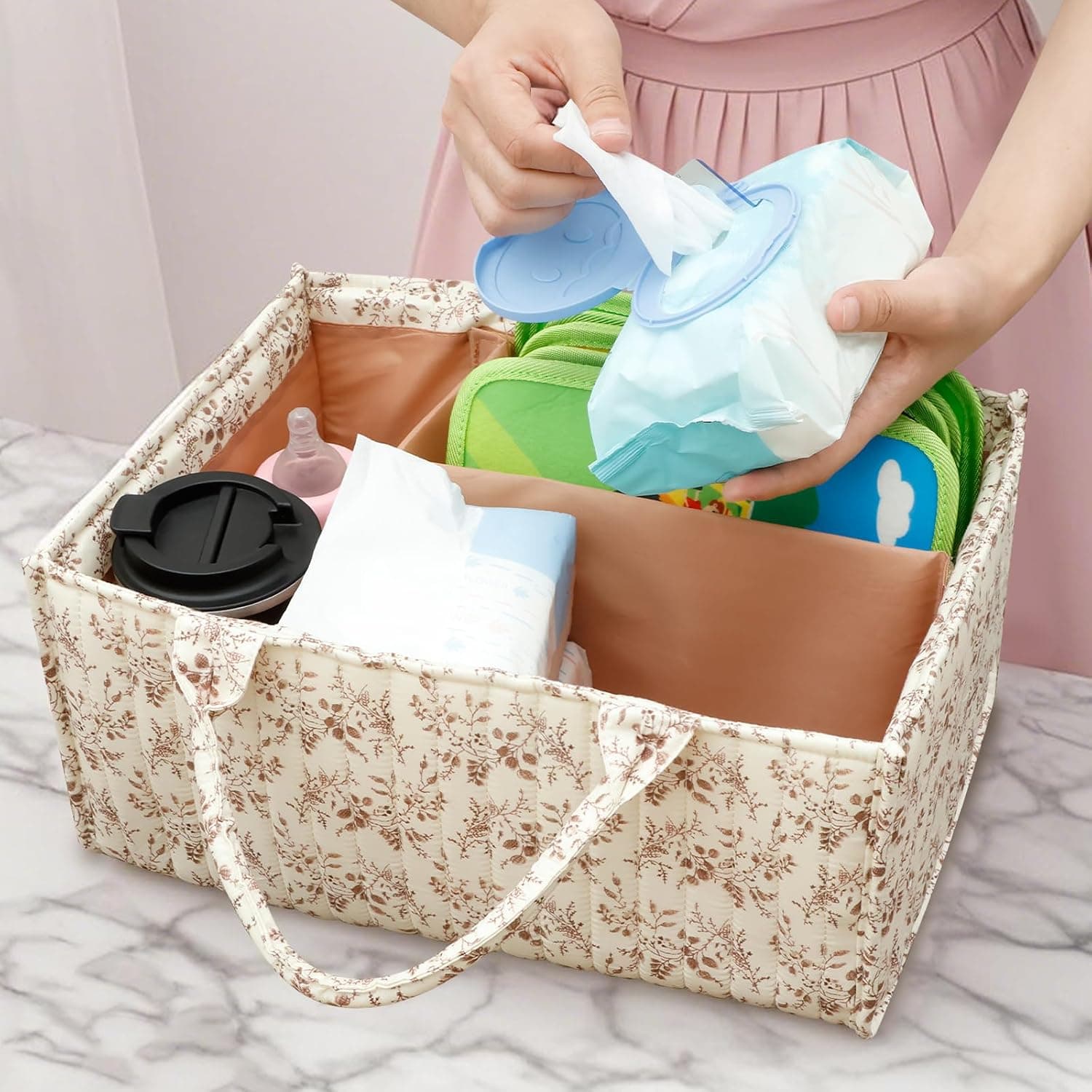 Nappy Caddy Organiser Floral Nursery Storage Basket Portable Diaper Caddy with Removable Dividers Essentials for Newborn Gifts for Baby Shower Organiser for New Mum Newborn Baby Storage Basket