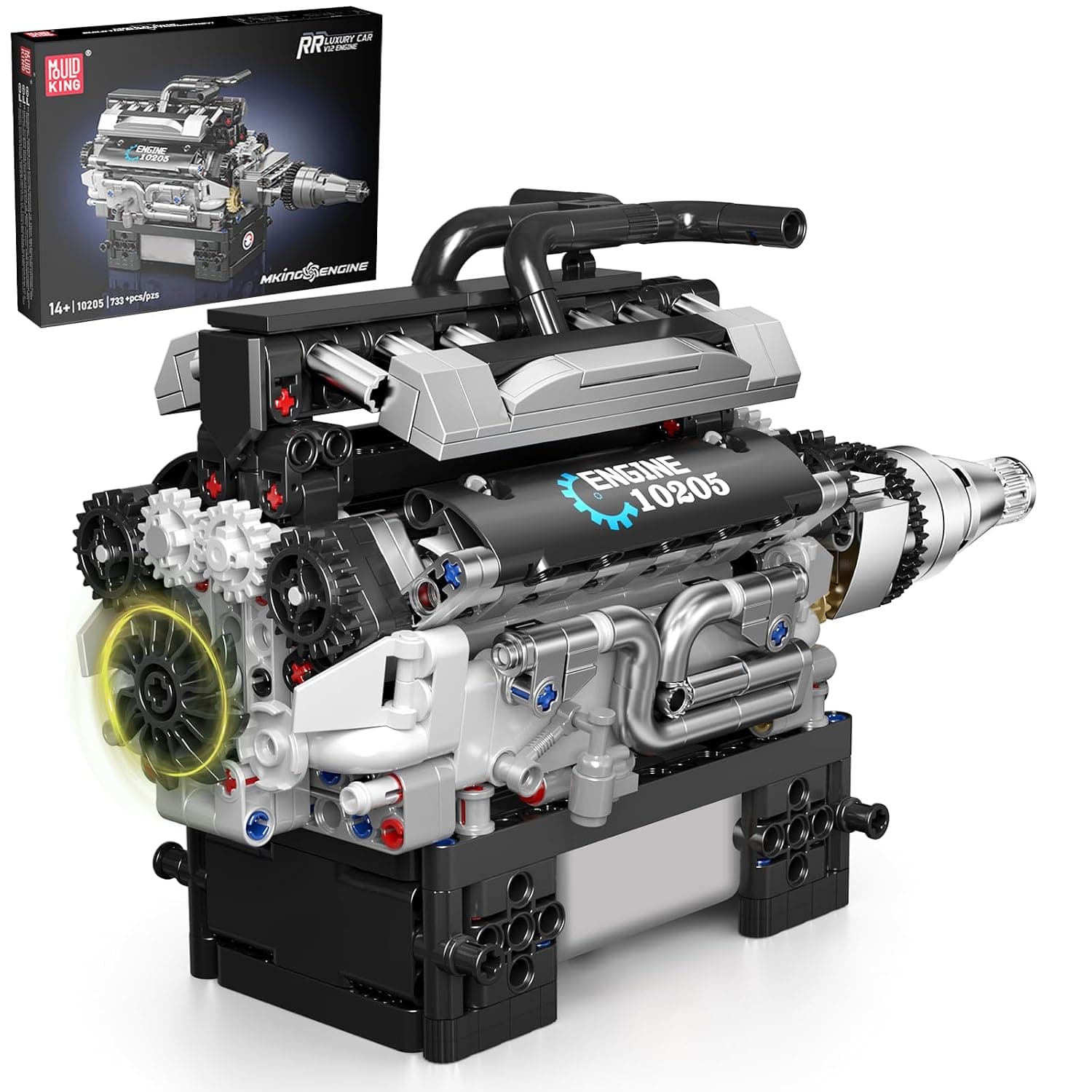 Mould King 10205 Technik V12 Motor Kit Luxury Sports Car Engine Building Blocks Toy Clamping Blocks Row Petrol Engine MOC Gifts for Adults and 14+ Children (733 Pieces)