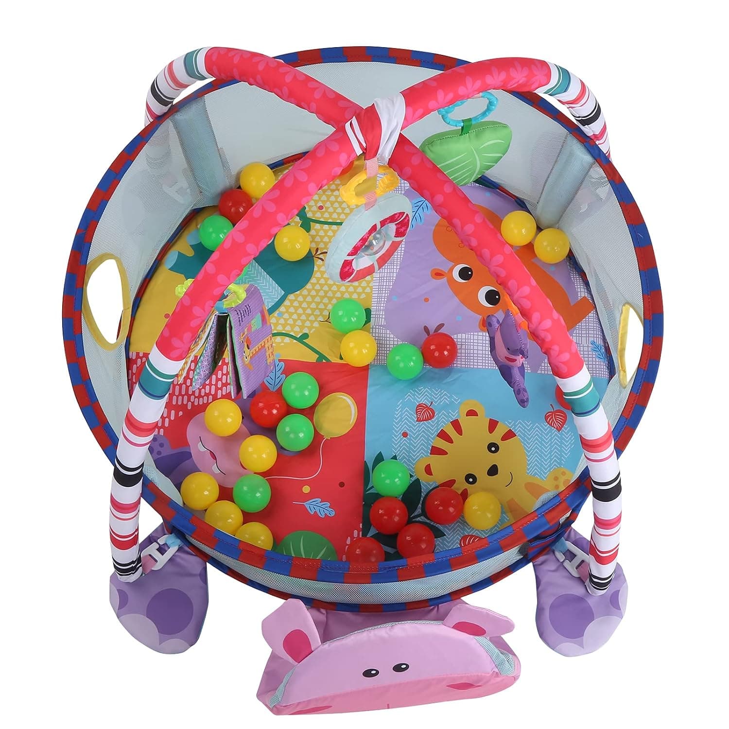 3-In-1 Baby Play Mat Fitness Frame with Sensory Toys for Infants and Toddlers 95 X 70 X 50cm Cloth Material (pink hippopotamus)