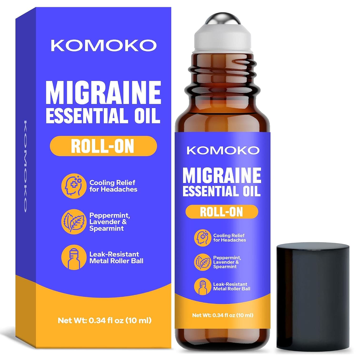Komoko Migraine Essential Oil Roll-On (0.34 Fl Oz), Soothing Scented Roller for Headache Support, Natural Aromatherapy Essential Oil Roll-On with Coconut, Peppermint, Rosemary & Lavender Oils