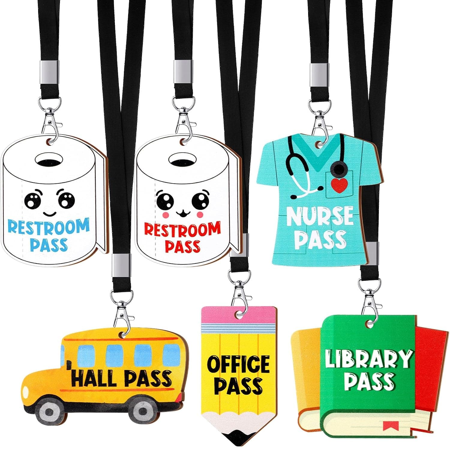 6 Pack Hall Pass Lanyard Set, Unbreakable Wooden School Passes for Hall, Bathroom, Library, Nurse Office, Practical Classroom Teacher Accessories & Gifts