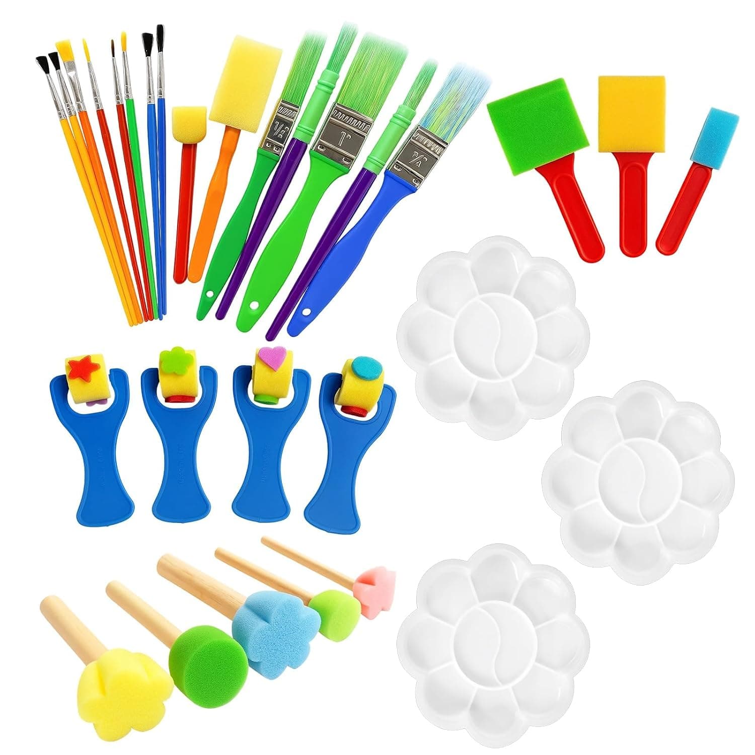 Paint Brushes Sponge Kits, 30 Pcs Drawing Tools Kit for Kids DIY, Art Projects and Early Learning, Art Projects, Include Foam Brushes, Sponge Rollers, Plum Blossom Palette