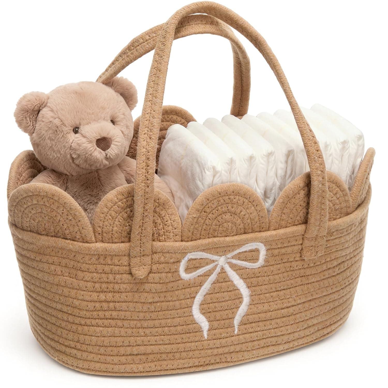 Mifoci Bow Baby Diaper Caddy Organizer Cotton Rope Diaper Caddy Basket for Nursery Storage Brown Storage Basket Organizer Baby Shower Gifts Newborn Essentials Must Haves
