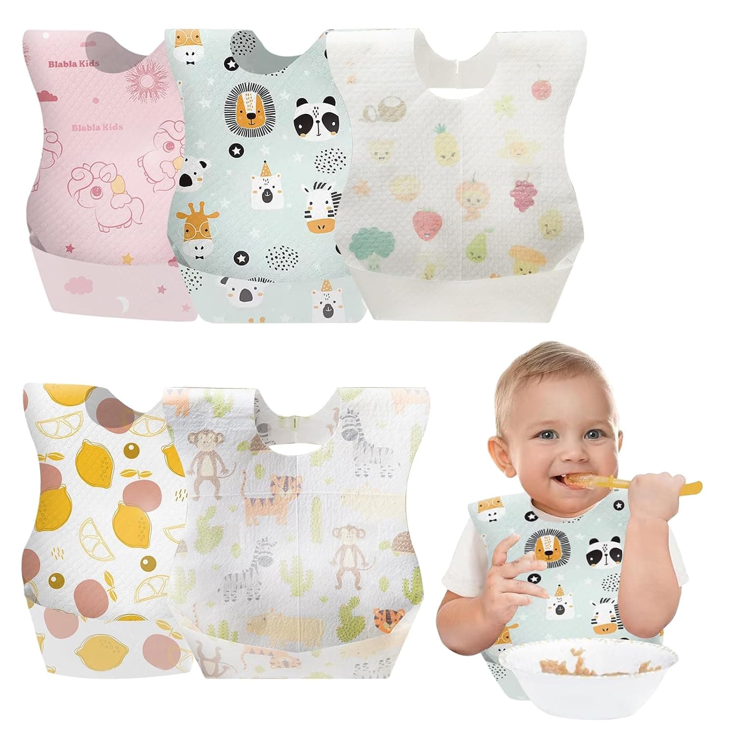 DMG TECH 50 PCS Disposable Bibs, Baby Bibs for Girls and Boys, Travel Bibs with Individual Package, Large Pocket, Waterproof and Adjustable, Leak-proof Liner, Suitable for Toddlers Feeding Use