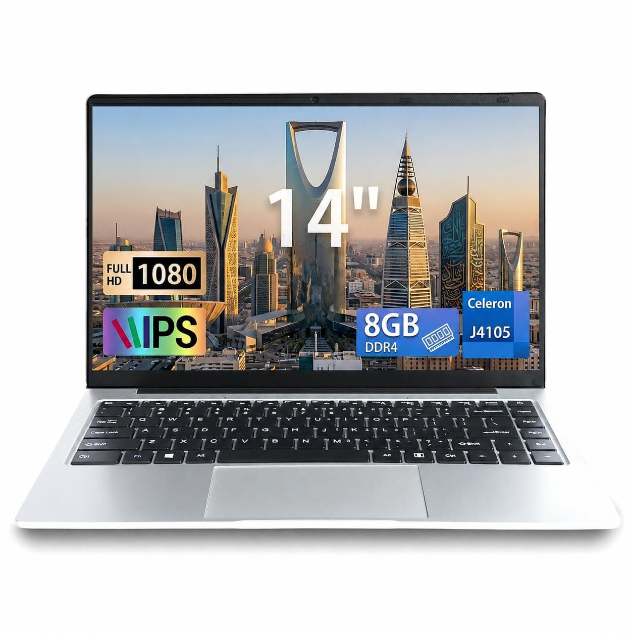 لابتوب 14 بوصة فضي نحيف جديد - Celeron J4105، 8GB RAM، 128GB SSD، شاشة IPS 1080P FHD، كاميرا 2.0MP، WiFi سريع (Silver, 8GB+128GB)