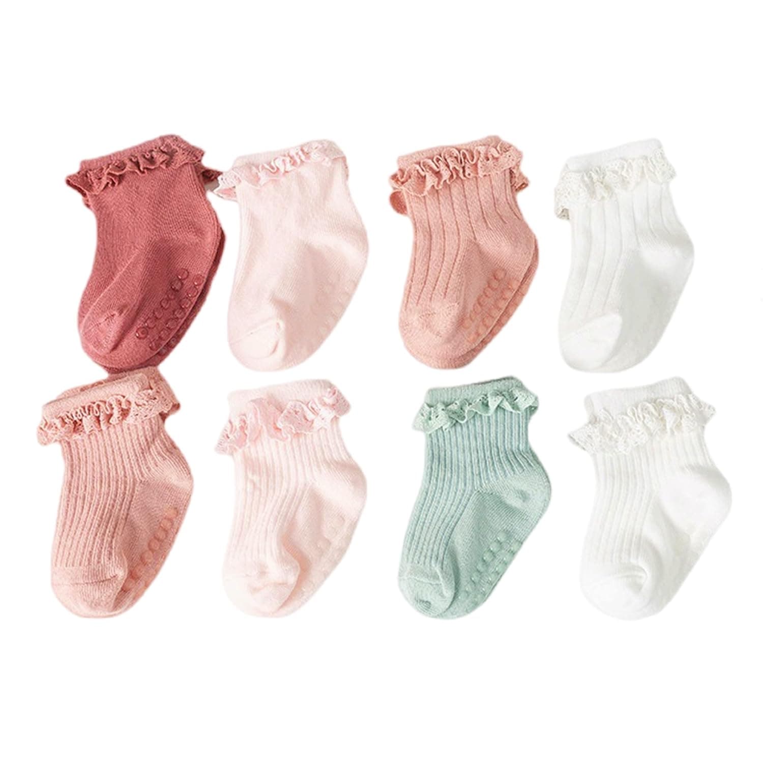 Toddler Girls Anti Slip Socks - Non Skid Frilly Ruffle Design with Grips for Baby 0-3 Years (Pack of 8)