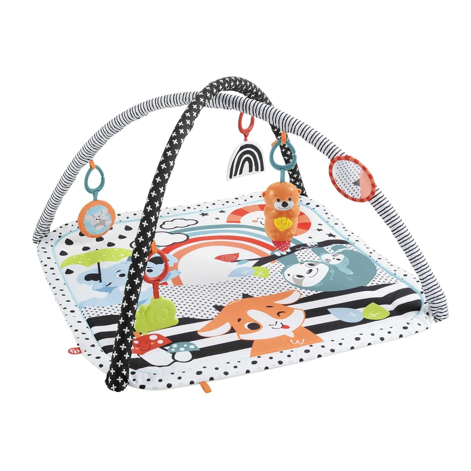Fisher-Price Tierfreunde HPF39 Contrast Play Mat, Play Arch with Music and Light, Crawling Blanket for Baby, for Playing in the Prone Position, Baby Equipment, from Birth | Washable 30 x 30-Inch Baby Playmat, 5 Sensory Toys, Music & Lights, Tummy Time, Gross Motor Skills, Ages 0+ Months, HPF39