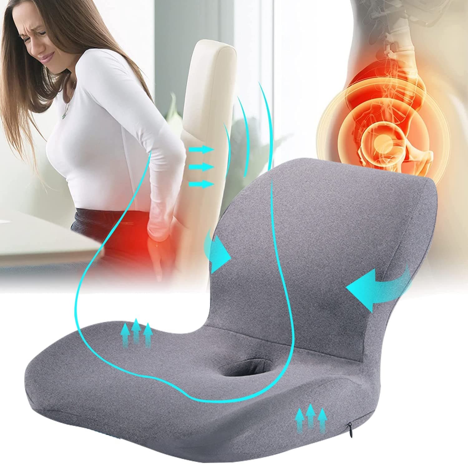 Seat Cushion & Lumbar Support Pillow, DMG Memory Foam Office Chair Cushions for Back, Car Seat Cushions Back Support Pillows with Washable Cover, Reduce Pressure On Tailbone, Relieve Pain