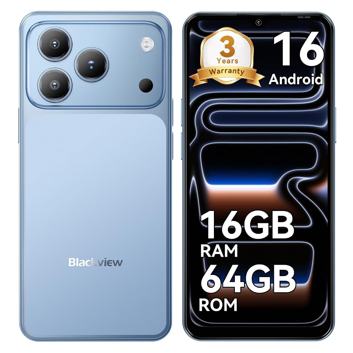 Blackview Wave 7C Android Mobile Phone 16 Smartphones, 16GB + 64GB/2TB, 32MP + 13MP, 5000mAh, 6.56 Inch Smart Phone 4G Dual SIM WiFi Phone 5G/GPS/IP54/3 Card Slots/3.5mm/FM/3 Years Warranty Android 16