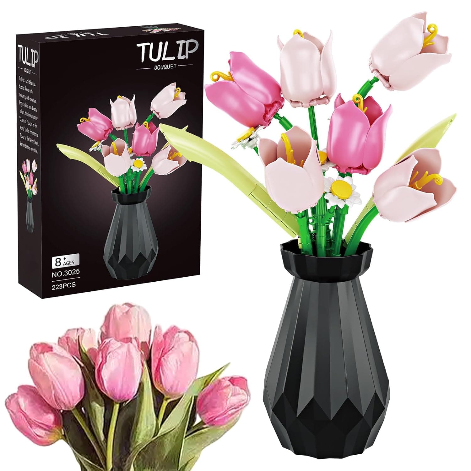 WINNER SPACE Tulip Flowers Construction Toy Set with Vase, 223 Pieces Botanical Collection Building Block Toy Plants Home Decoration, Gift for Valentine's Day, Mother's Day for Girlfriend, Boyfriend