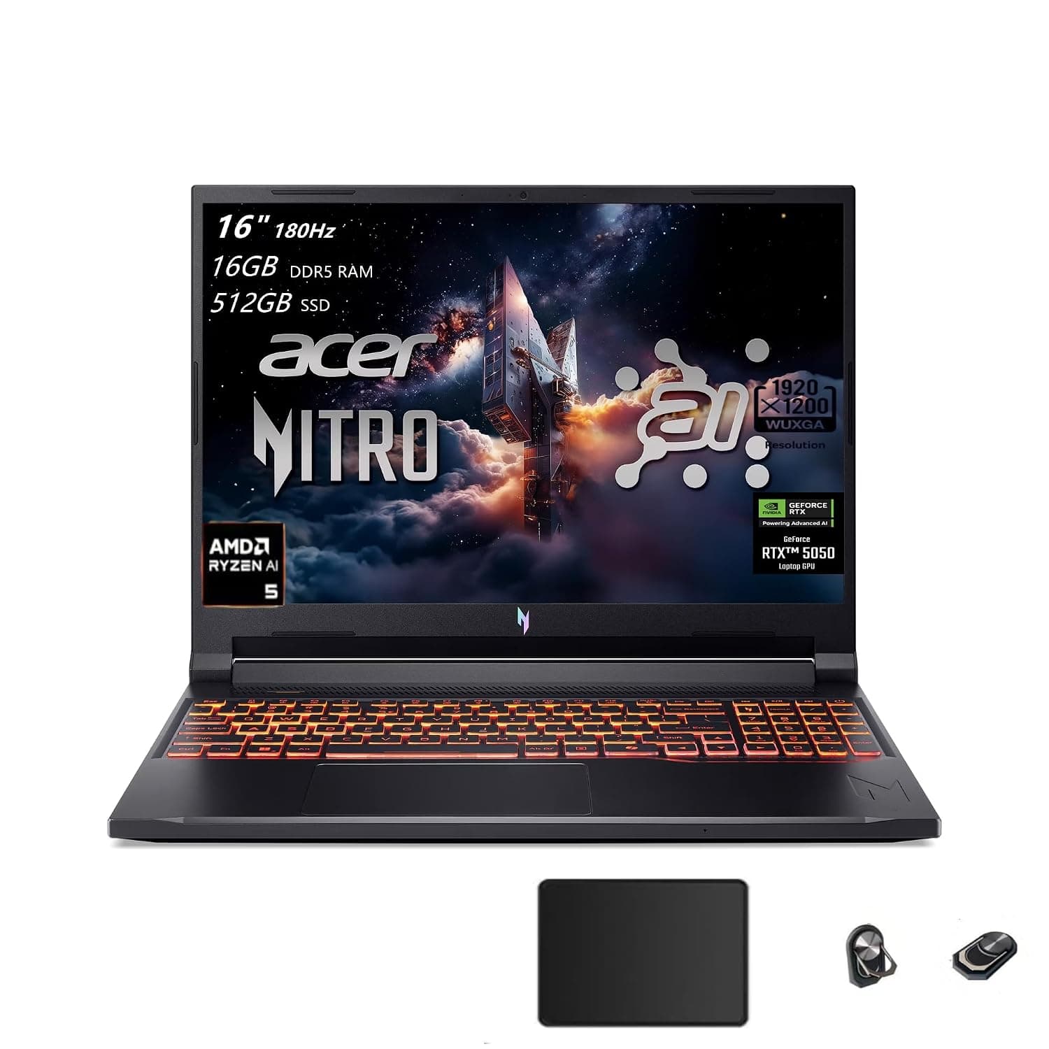 Acer Nitro V 16 AI Gaming Laptop, 16" WUXGA IPS 180Hz Display, AMD Ryzen AI 5 240, NVIDIA GeForce RTX 5050 8GB GDDR7 VRAM(Up to 440 AI Tops), 16GB RAM, 512GB, Backlit KB, Win11H, TWE Accessories