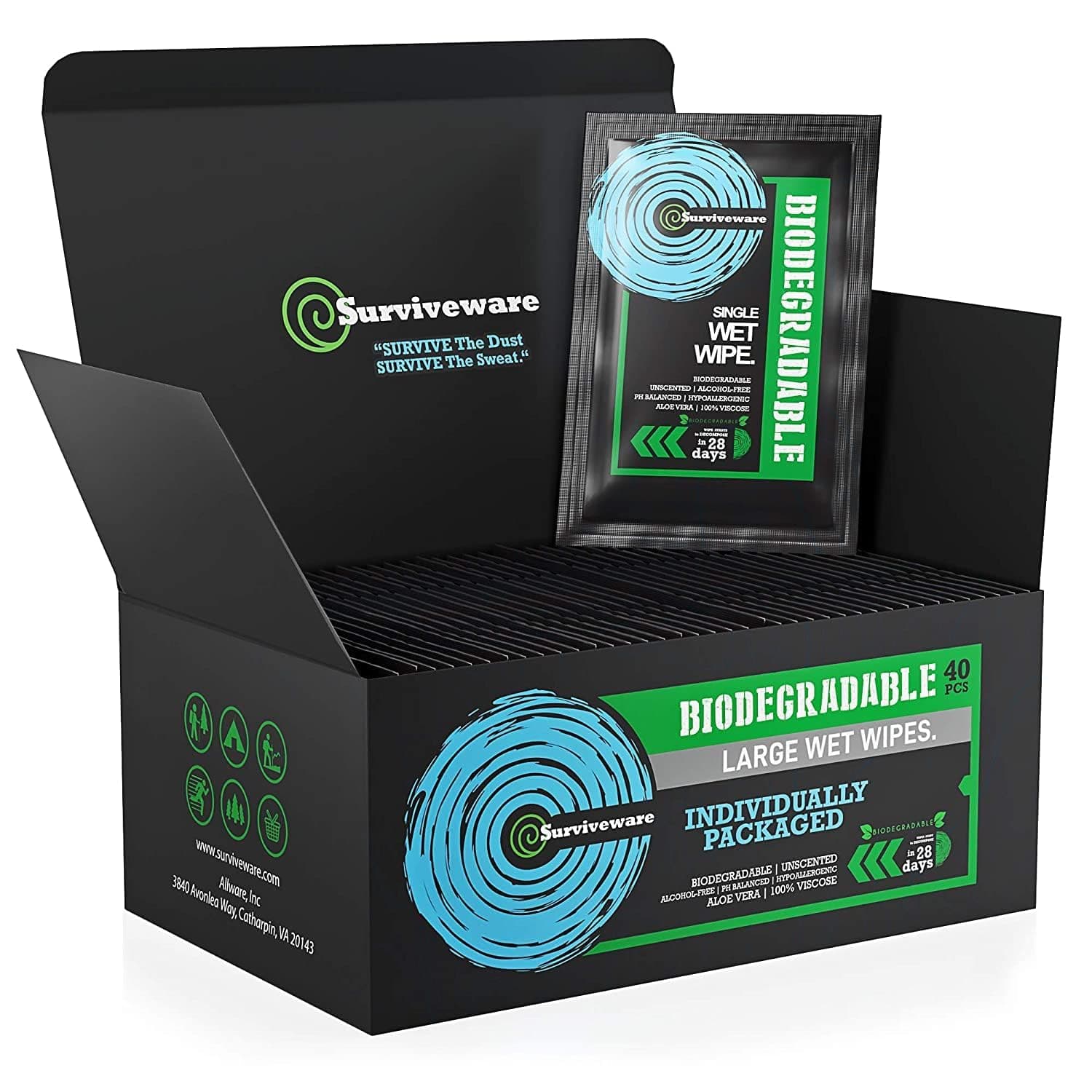 Surviveware Biodegradable Wipes for Men or Women | Shower Wet Wipes for Face, Body, Butt, Outdoors, Travel, Camping Post Workout, Total of 40 Wipes, 1 Count, Pack of 40