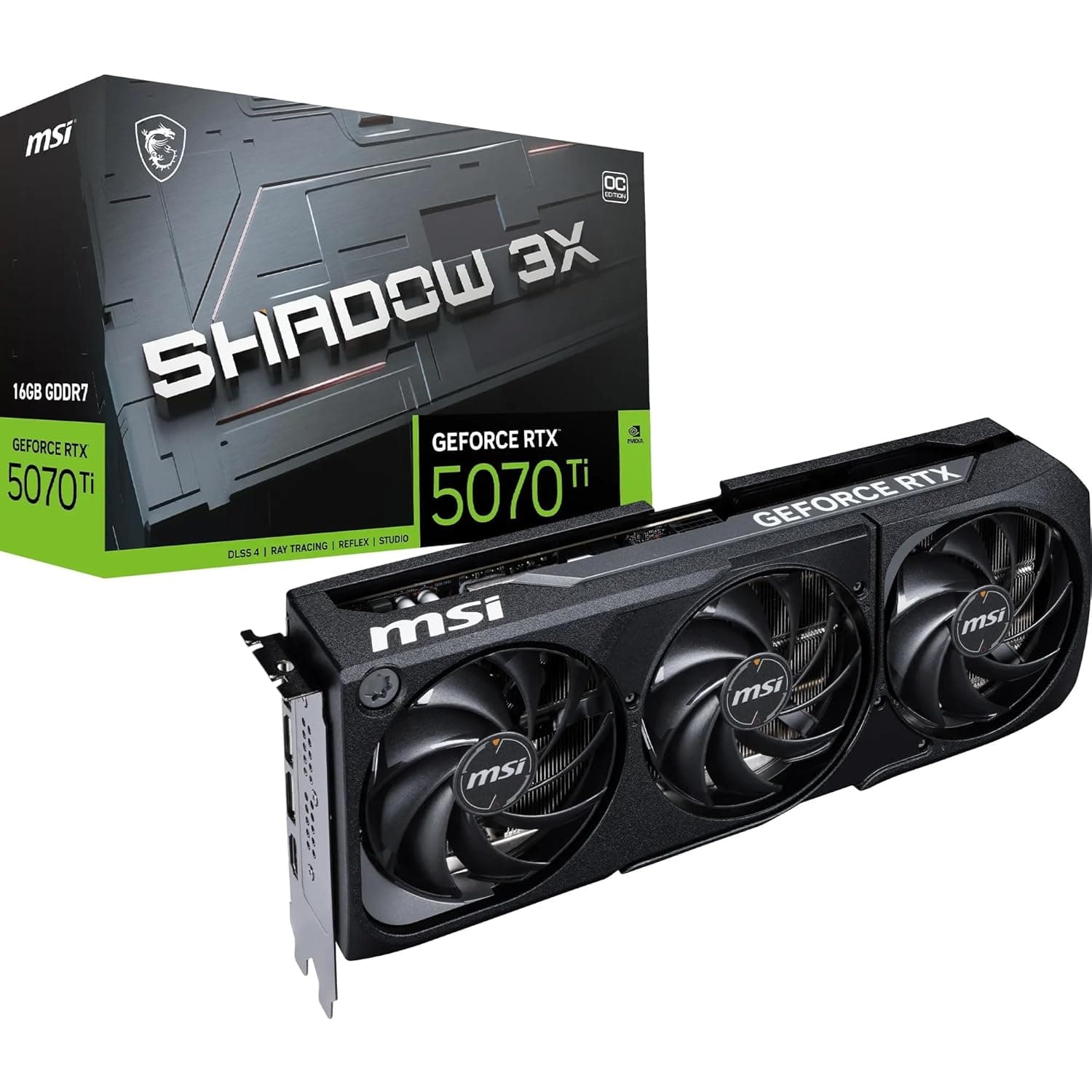 MSI NVIDIA GeForce RTX 5070 Ti 16G Shadow 3X OC Graphics Card -16 GB GDDR7 (28 Gbps/256 Bits), PCIe 5.0, Triple Fan (3 x TORX 5.0 Fans) - HDMI 2.1b x 1, DisplayPort 2.1b, SFF Ready