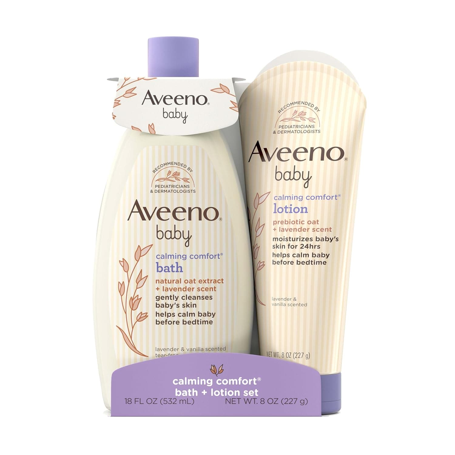 Aveeno Baby Calming Comfort Bath & Lotion Set, Nighttime Baby Skin Care Products with Natural Oat, Lavender & Vanilla Scents, Paraben-, Phthalate- & Phenoxyethanol-Free, 2 Items
