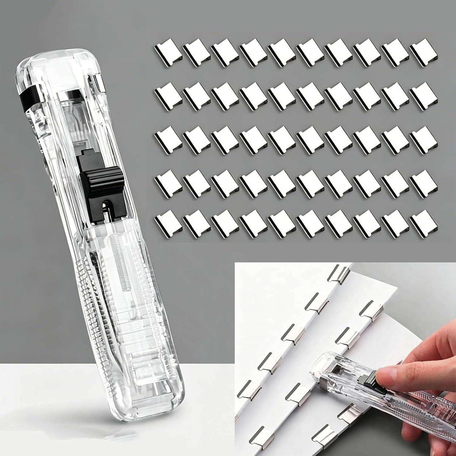 Stapleless Stapler,Portable Papers Fastener Tool with 50 Pcs Reusable Metal Refill Clips,No Staple Paper Binder,Desktop Document Organizer for Office Home Paper Filing