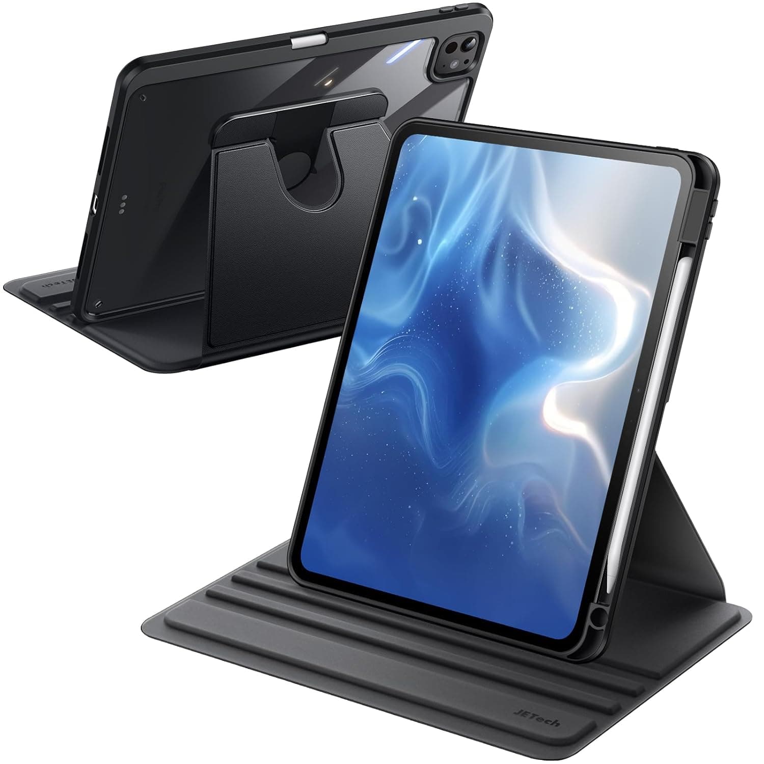 حافظة دوارة لجهاز ايباد برو 11 بوصة M4 (2024) مع حامل قلم من جيه تك، غطاء واقي دوار 360 درجة بظهر شفاف، خاصية التنبيه/النوم التلقائي (أسود)