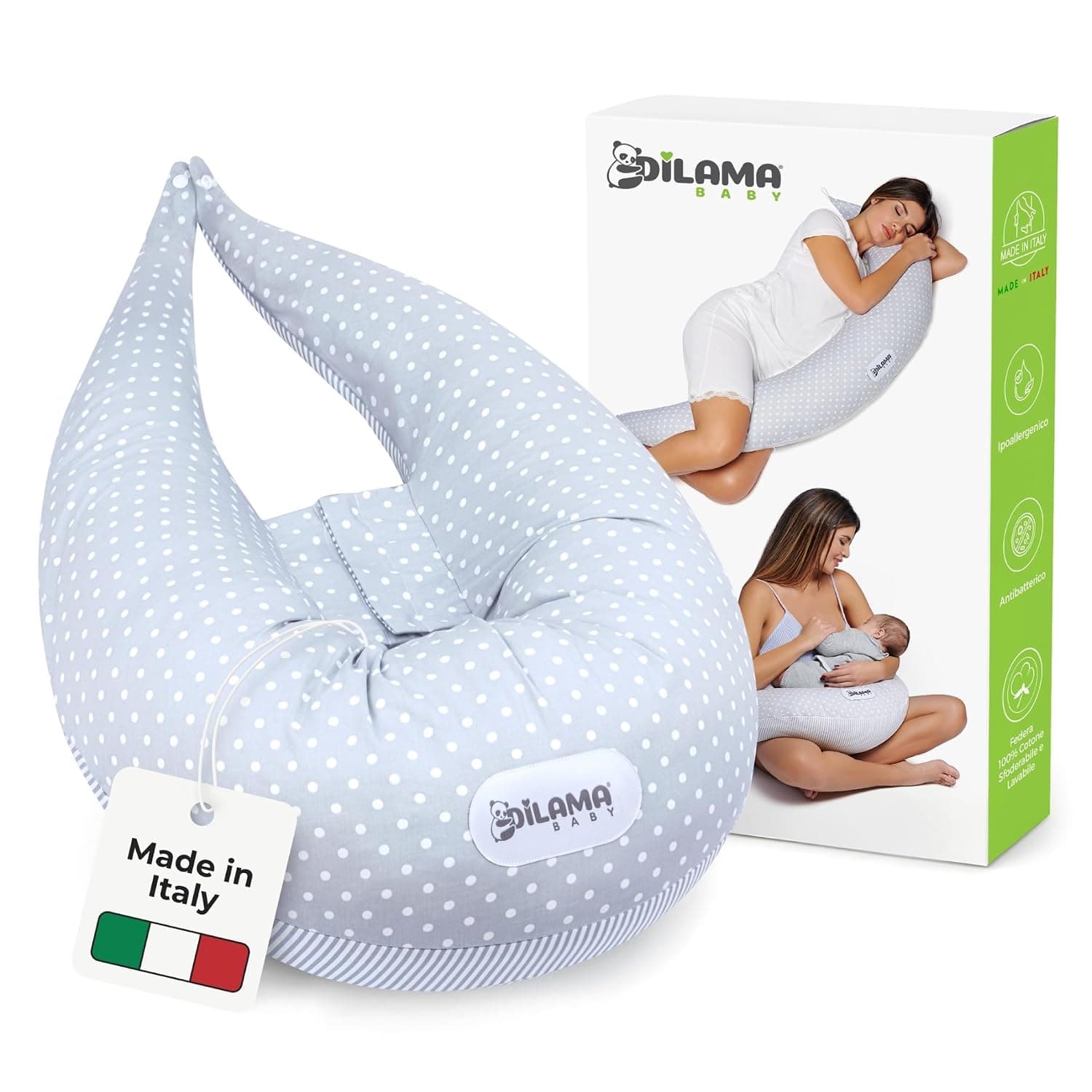 Dilamababy Multifunctional Pregnant Pillow and Nursing Pillow | Memory foam flakes and microfibers, washable cotton, side sleepers, pregnancy, maternity, original gift, made in Italy