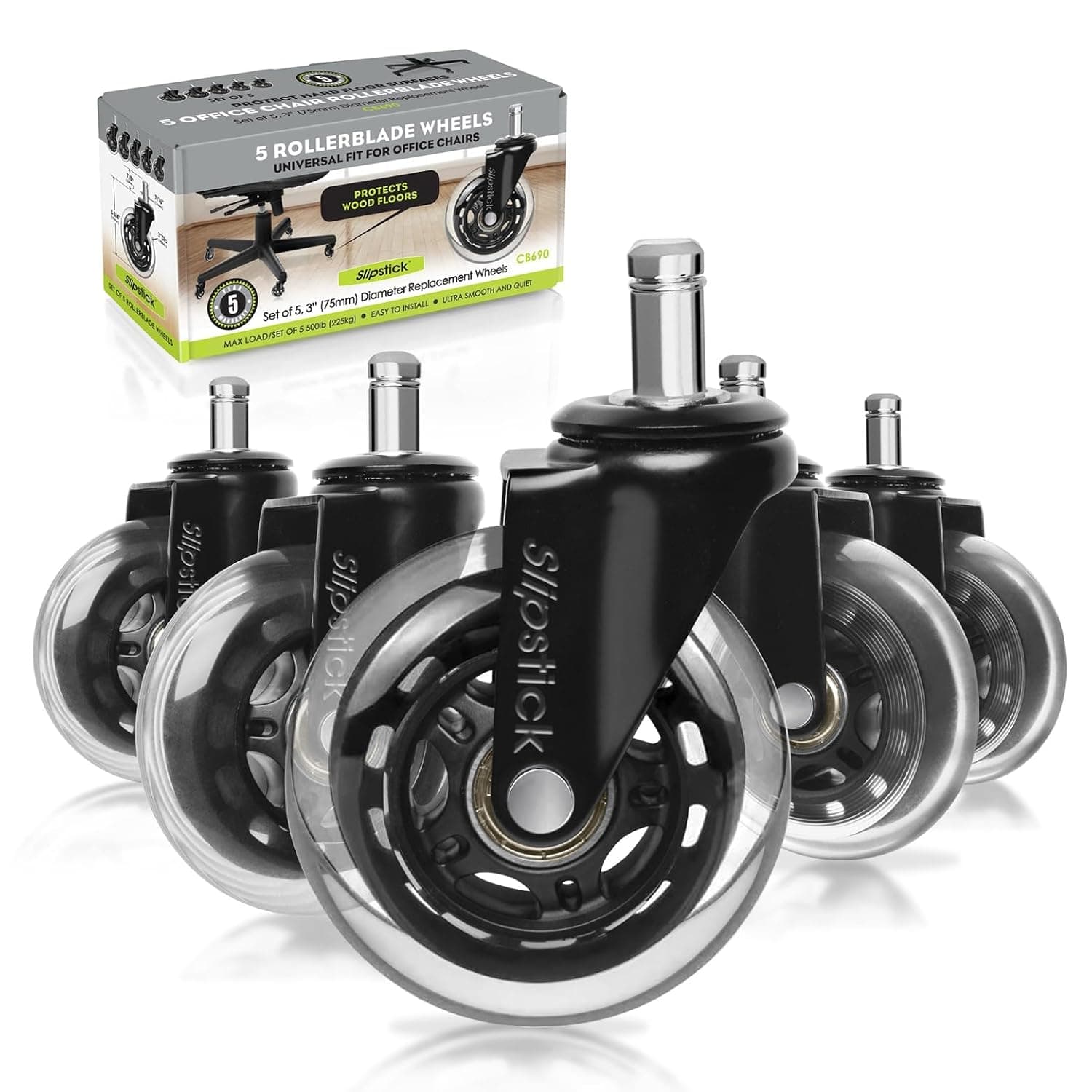 Slipstick CB690 Floor Protecting Rubber Office Chair Caster Wheels (Set ff 5), Roller Style, Universal 7/16" Stem, 3" Black Castors
