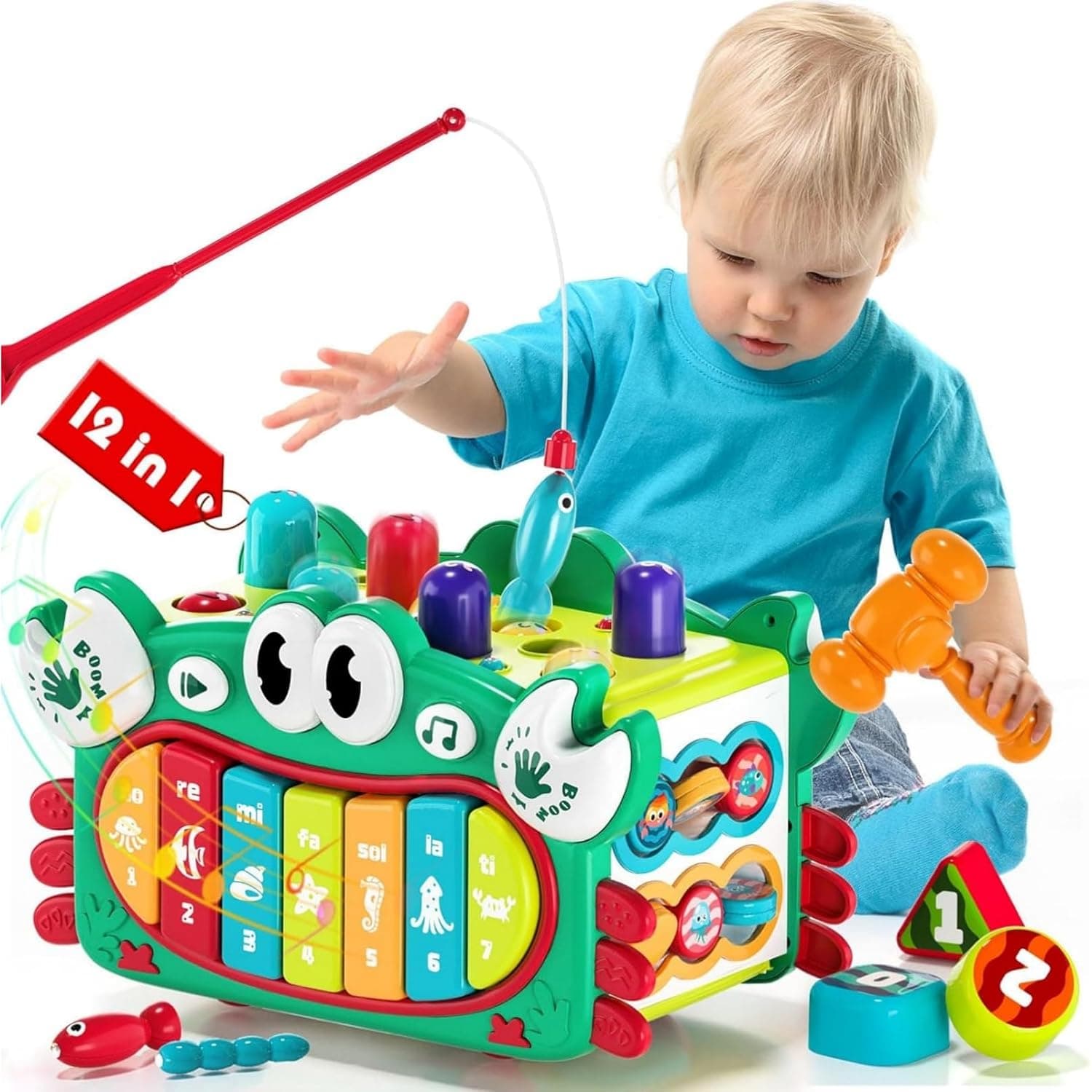 Andanna Crab Baby Toys for 1 Year Old, 12 in 1 Montessori Toys for 1 Year Old, Busy Musical Learning Toys Pounding Toy, Fishing Game,Pull Along Toy, 3 Year Old Boy Birthday Gift (Green)
