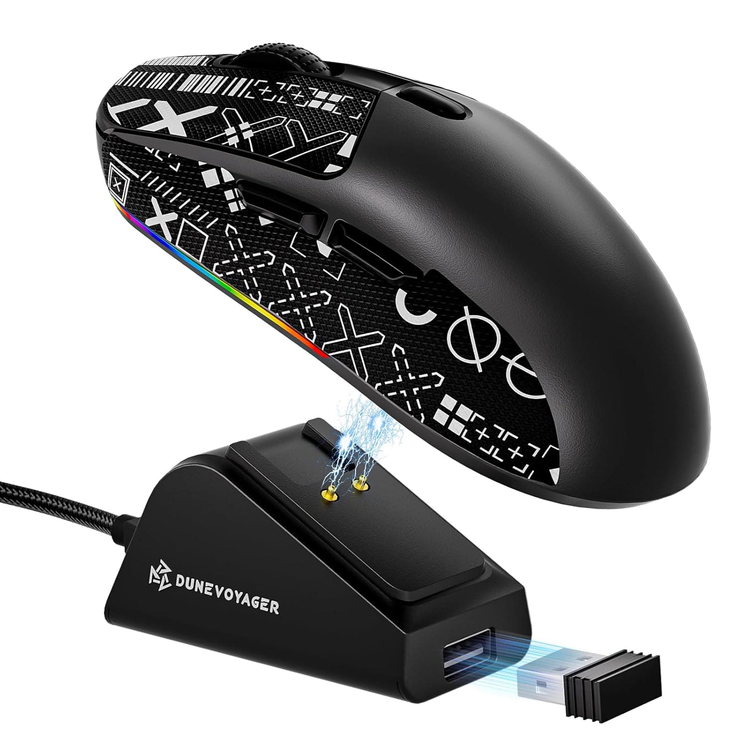 ماوس العاب لاسلكي ثلاثي الاوضاع من ديون فوياجر SE2 خفيف الوزن ومضاد للانزلاق، مستشعر بيكسارت PAW3311 24K DPI معدل تصويب 1000Hz بلوتوث لاسلكي 2.4G يتضمن قاعدة شحن، اسود