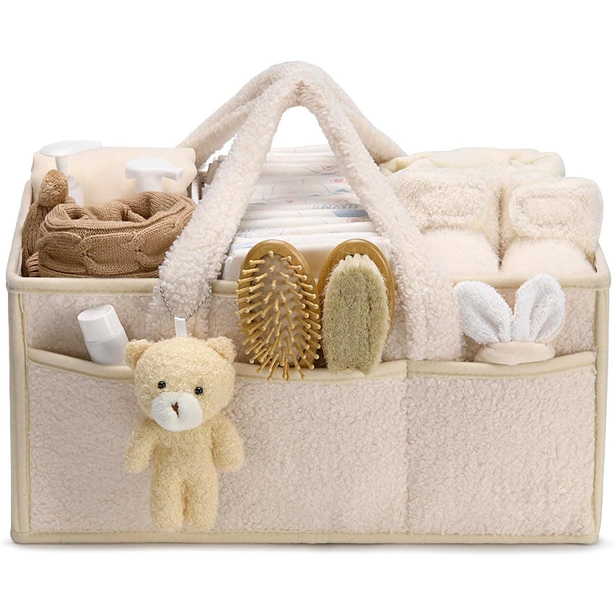 YelaJoy Beige Plush Baby Diaper Caddy with 5 Compartments, Large Capacity Portable Handle Diaper Organizer, Muti-Functional Durable Travel Storage Basket, for Baby Mother Home ＆ Travel