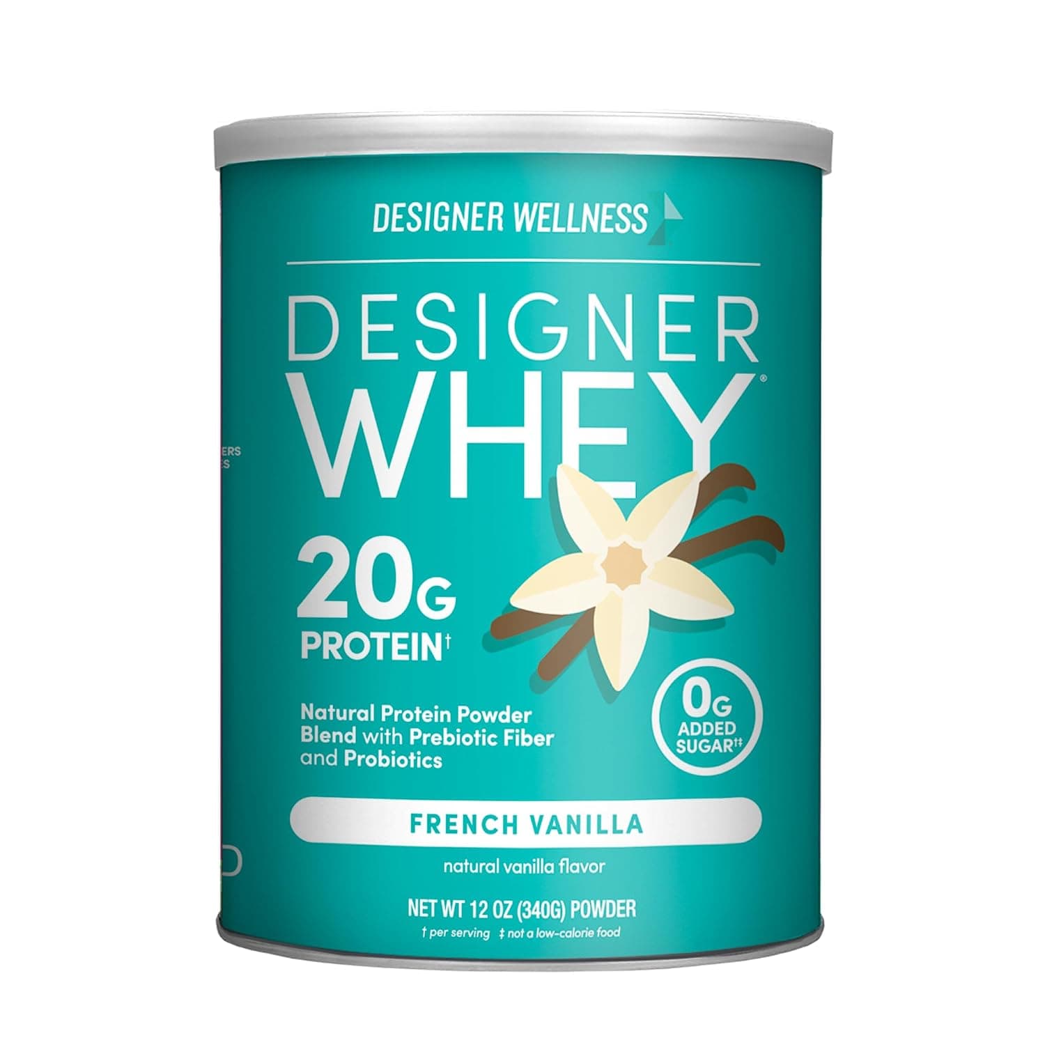 Designer Wellness Designer Whey Natural 100% Whey Protein Powder with Probiotics, Fiber, and Key B-Vitamins for Energy, Gluten-free, Non-GMO, French Vanilla 12 oz